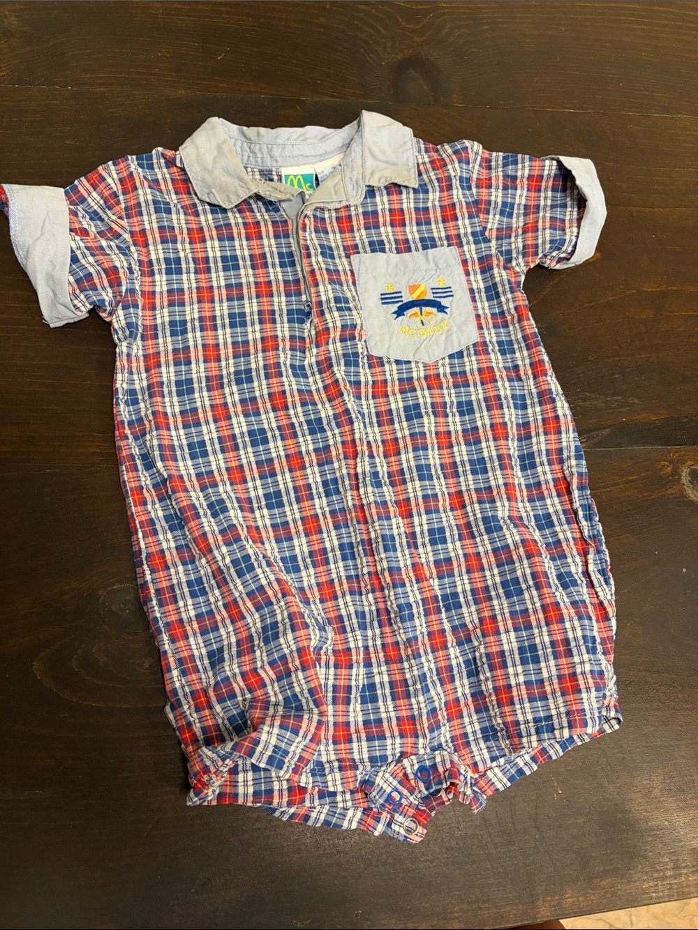 Vtg Mcbaby Red & Navy Plaid Shortall with Contrast Collar 18 months